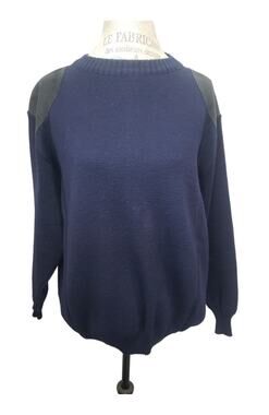 Vintage Barbour Pure Wool & Suede Leather Navy Blue Jumper Sweater | Size 56-46